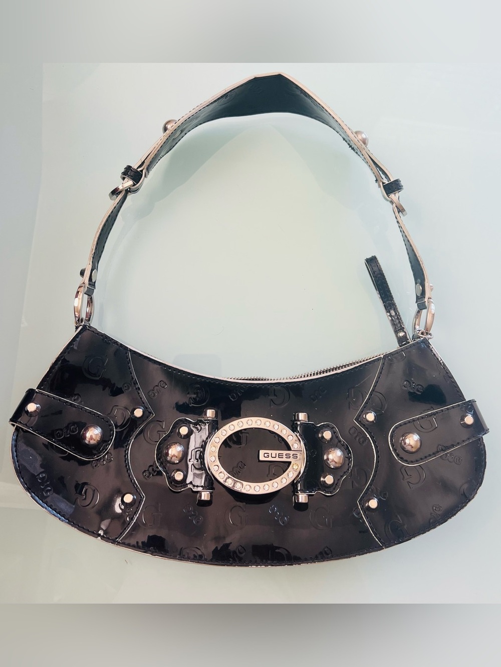 Guess Black Vintage Shoulder Bag with Silver Accents Patent Leather